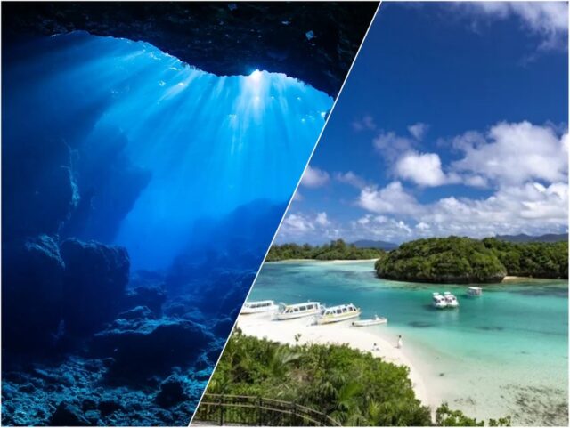 石垣島観光で人気の青の洞窟でのシュノーケリング体験と、グラスボートが浮かぶ川平湾の風景。